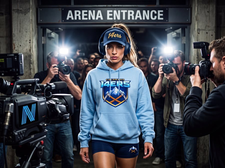 A Colorado 14ers athlete in headphones, cap and team hoodie walks out of the arena entrance past photographers and a NEXTPlay TV camera