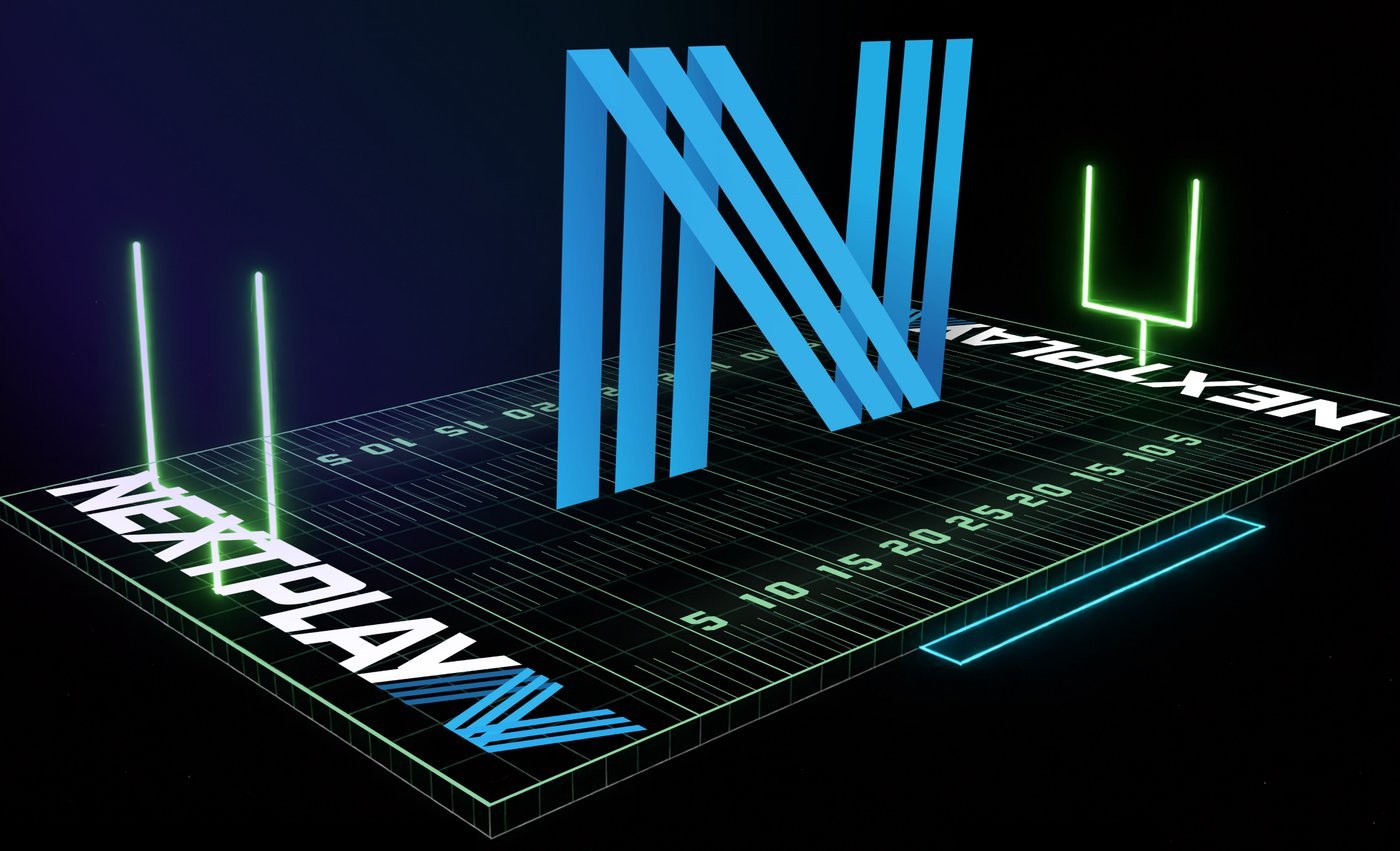 A 3D rendering of the NEXTPlay arena field, with glowing goalposts at each end and a large N logo standing at midfield