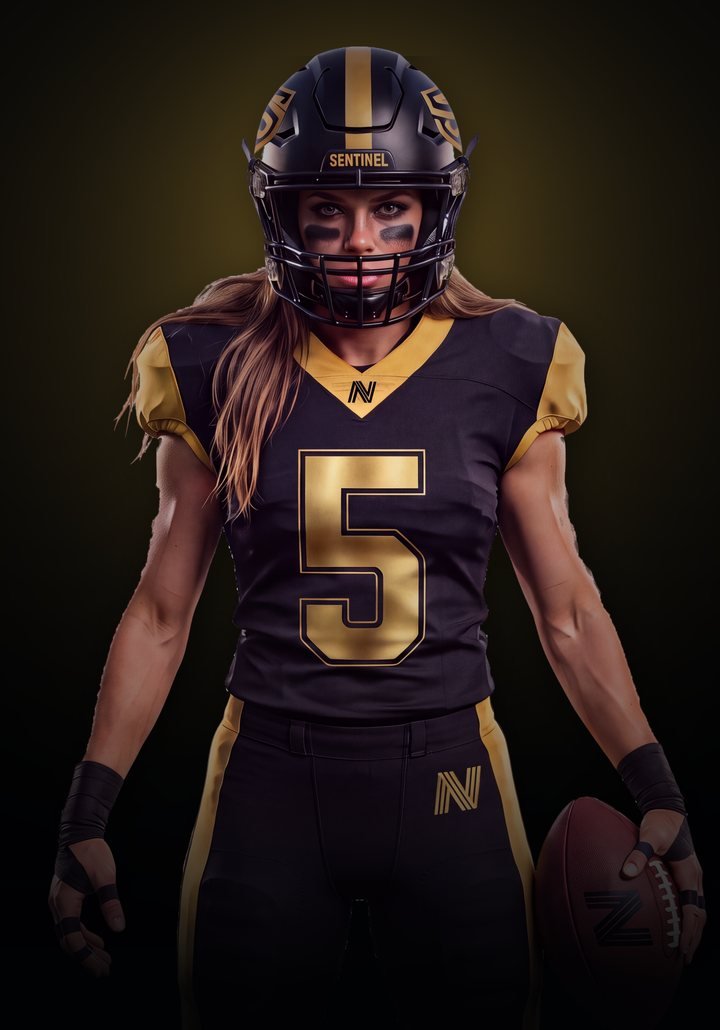 Chicago Sentinel athlete in a black and gold number 5 jersey