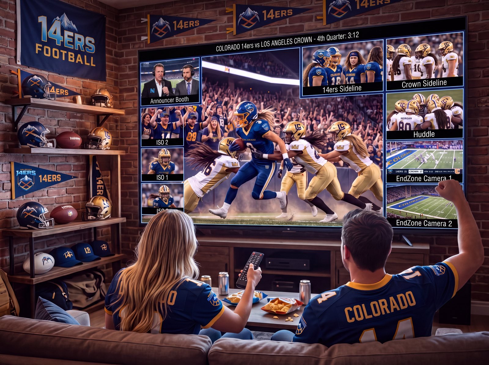 Two fans in Colorado jerseys watch a 14ers game at home on a big screen split into camera feeds: announcer booth, sideline cams, huddle and two end-zone cameras